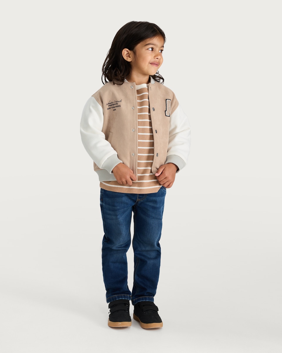 image 1 of F&F Boys Faux Suede Aesthetic Originals Varsity Jacket in Stone