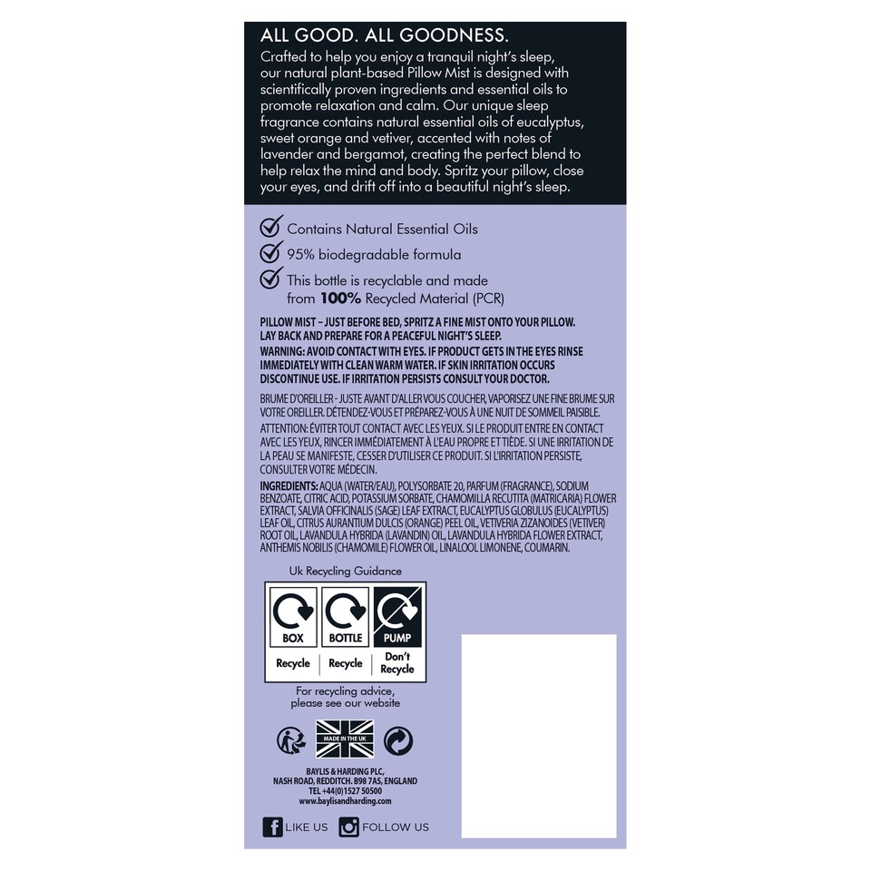 image 1 of Baylis & Harding Goodness Natural Pillow Mist - Lavender & Bergamot 100ml