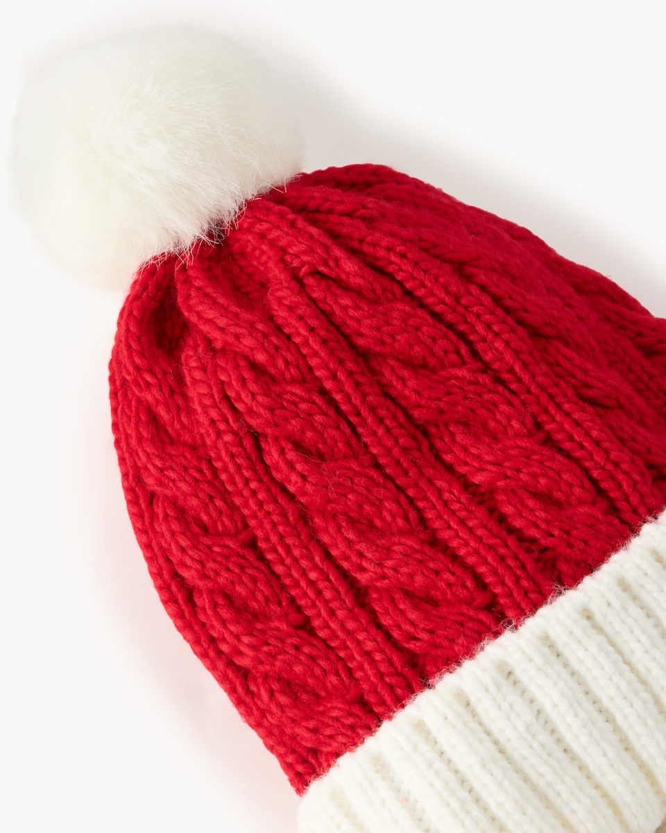 image 1 of Christmas Cable Knit Santa Hat in Red