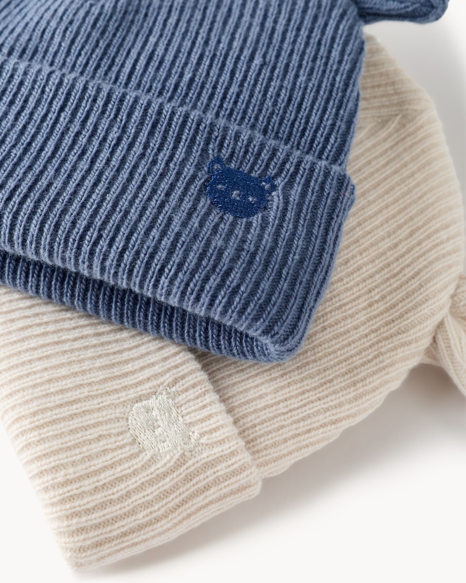 image 1 of F&F Baby 2-Pack Ribbed Bear Ear Beanies in Multi