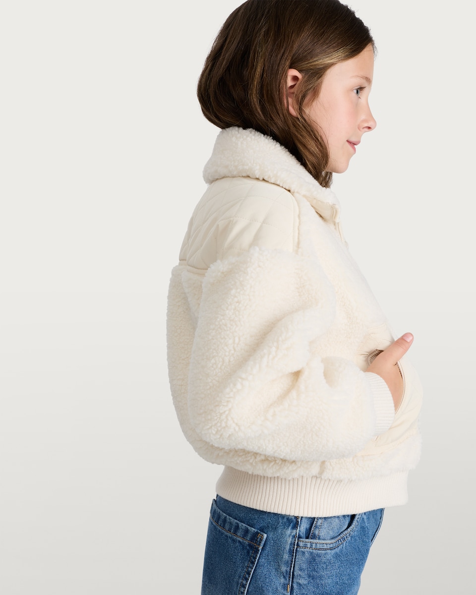 image 1 of F&F Girls Borg Quilted Zip Pocket Jacket in Cream