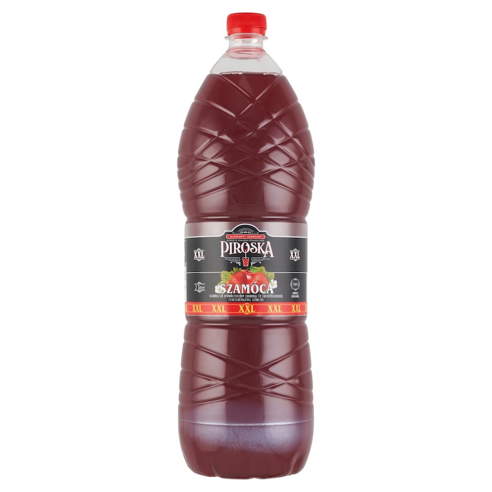 Piroska XXL szamóca ízű gyümölcsszörp feketerépalével színezve cukorral és édesítőszerekkel 2 l