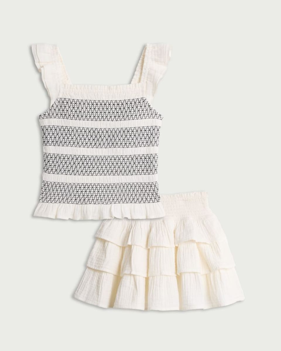 image 1 of F&F Girls 2-Piece Pure Cotton Smocked Sleeveless Top and Tiered Skirt Set in Cream