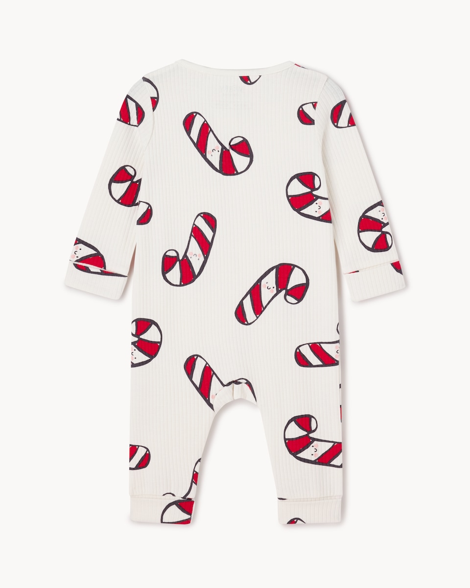 image 1 of Christmas Baby Cotton Rich Ribbed Candy Cane Sleepsuit in White