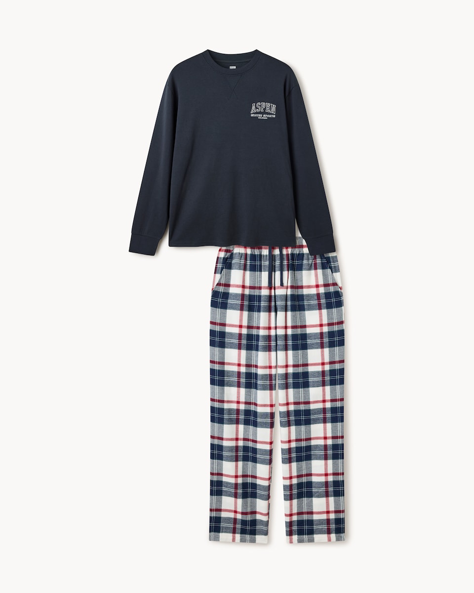 image 1 of F&F Pure Cotton Checked Pyjama Set in Navy