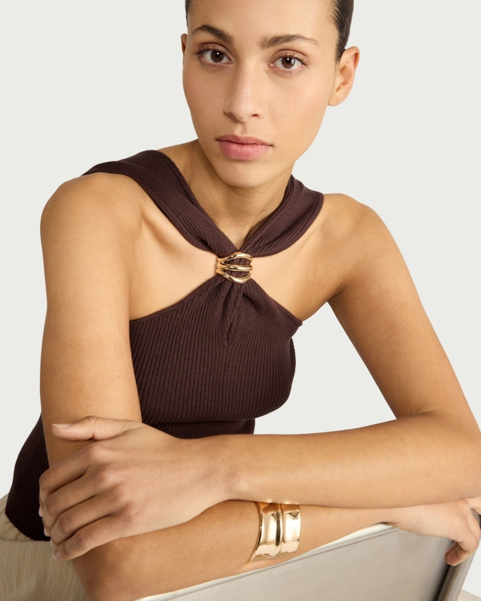 image 1 of The F&F Edit Ribbed Halter Neck Cross Over Top in Chocolate