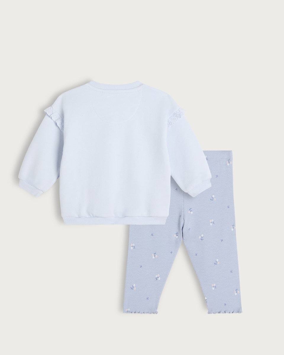 image 1 of F&F Baby 2-Piece Cotton Rich Floral Embroidered Sweatshirt and Leggings Set in Blue
