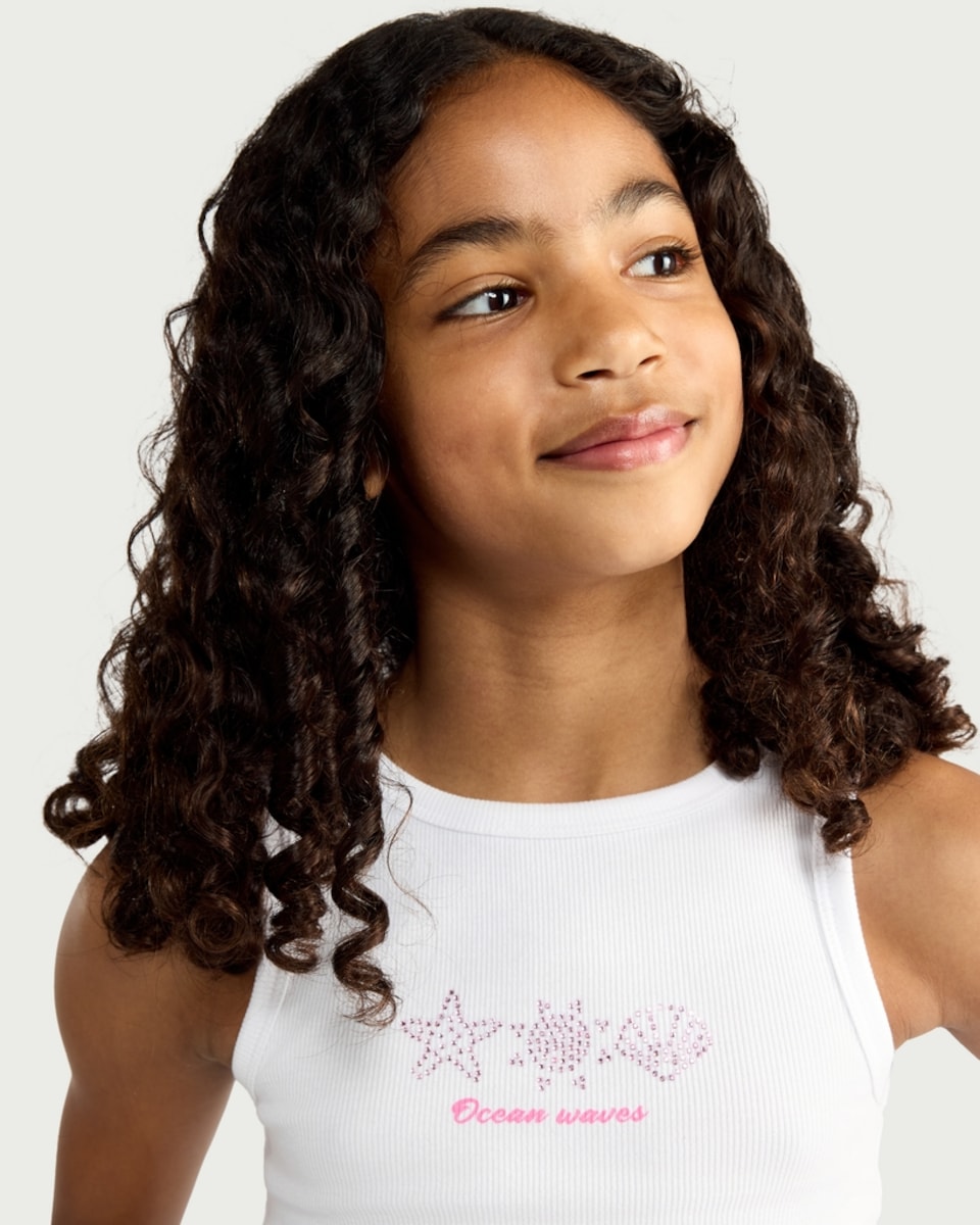 image 1 of F&F Girls Cotton Rich Embellished Vest in White