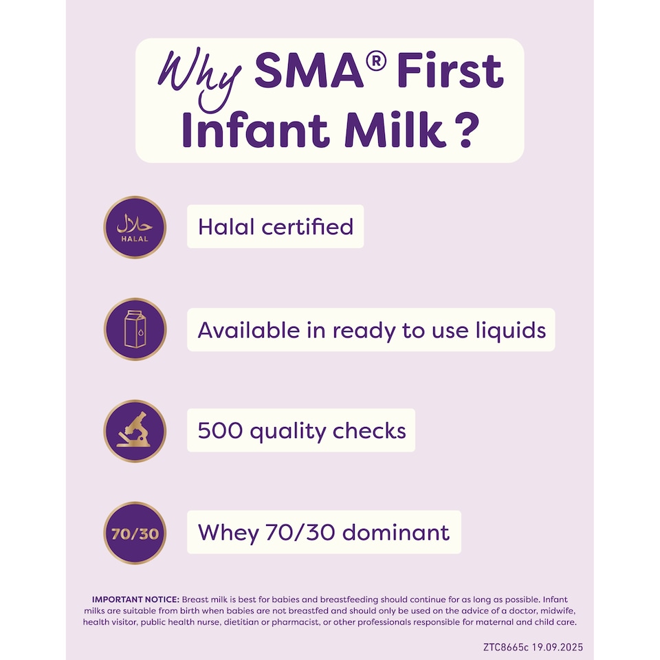 image 1 of SMA First Infant Baby Milk Formula Liquid Ready to Feed from Birth 1Ltr 