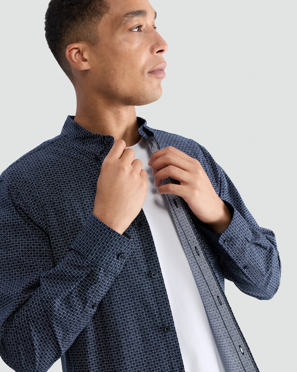 image 1 of F&F Cotton Rich Geometric Print Long Sleeved Shirt in Navy