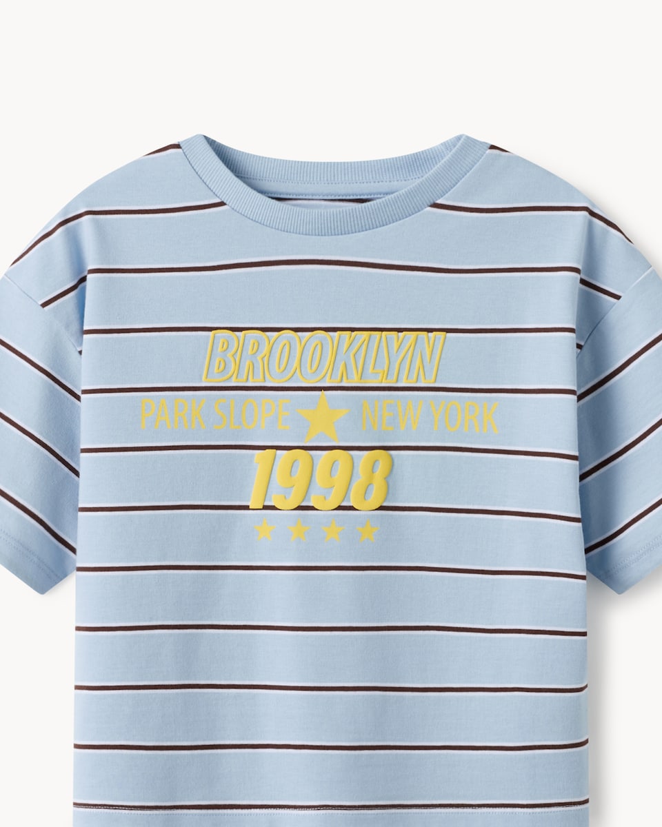 image 1 of F&F Girls Pure Cotton Striped Slogan T-Shirt in Blue