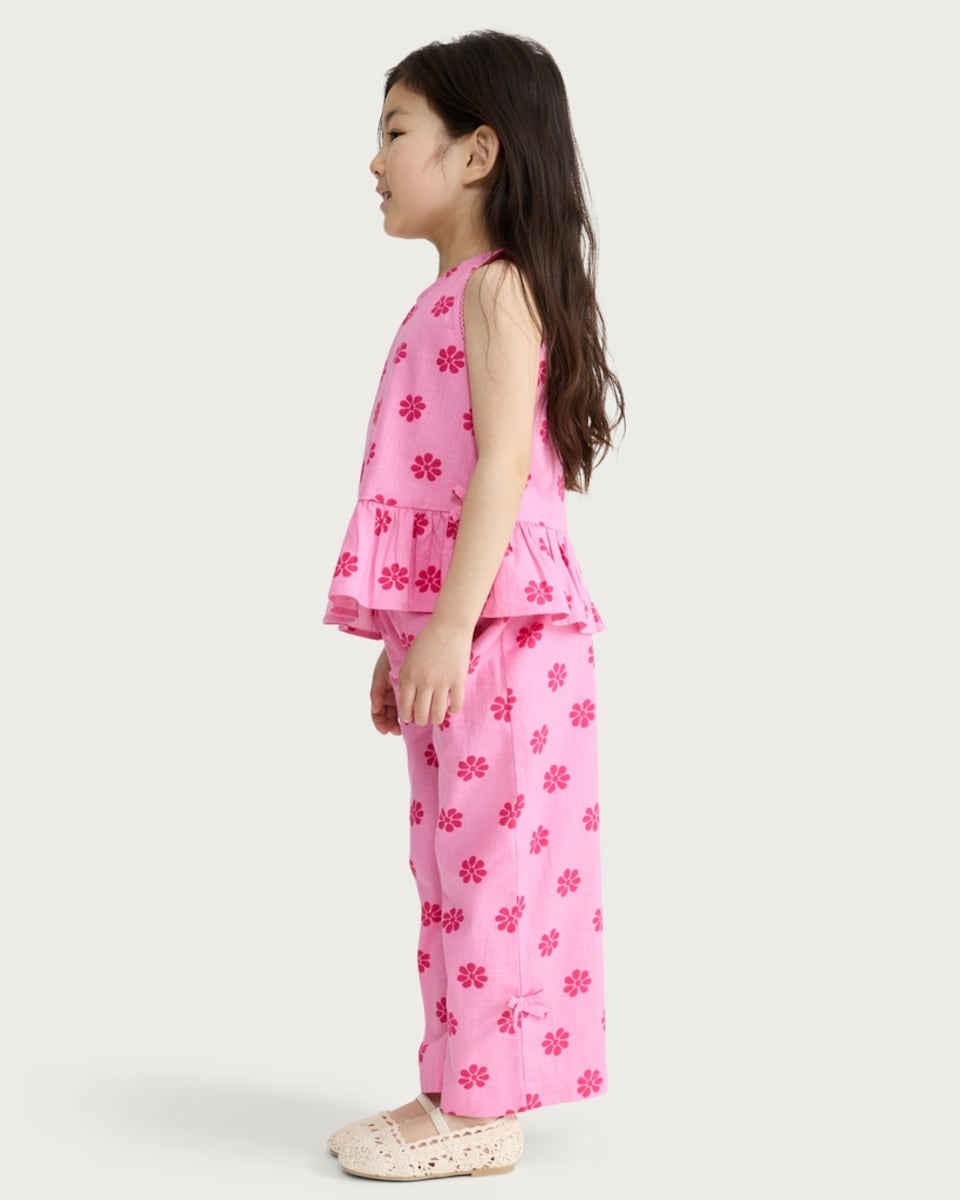 image 1 of F&F Girls 2-Piece Pure Cotton Floral Print Vest and Trousers Set  in Pink