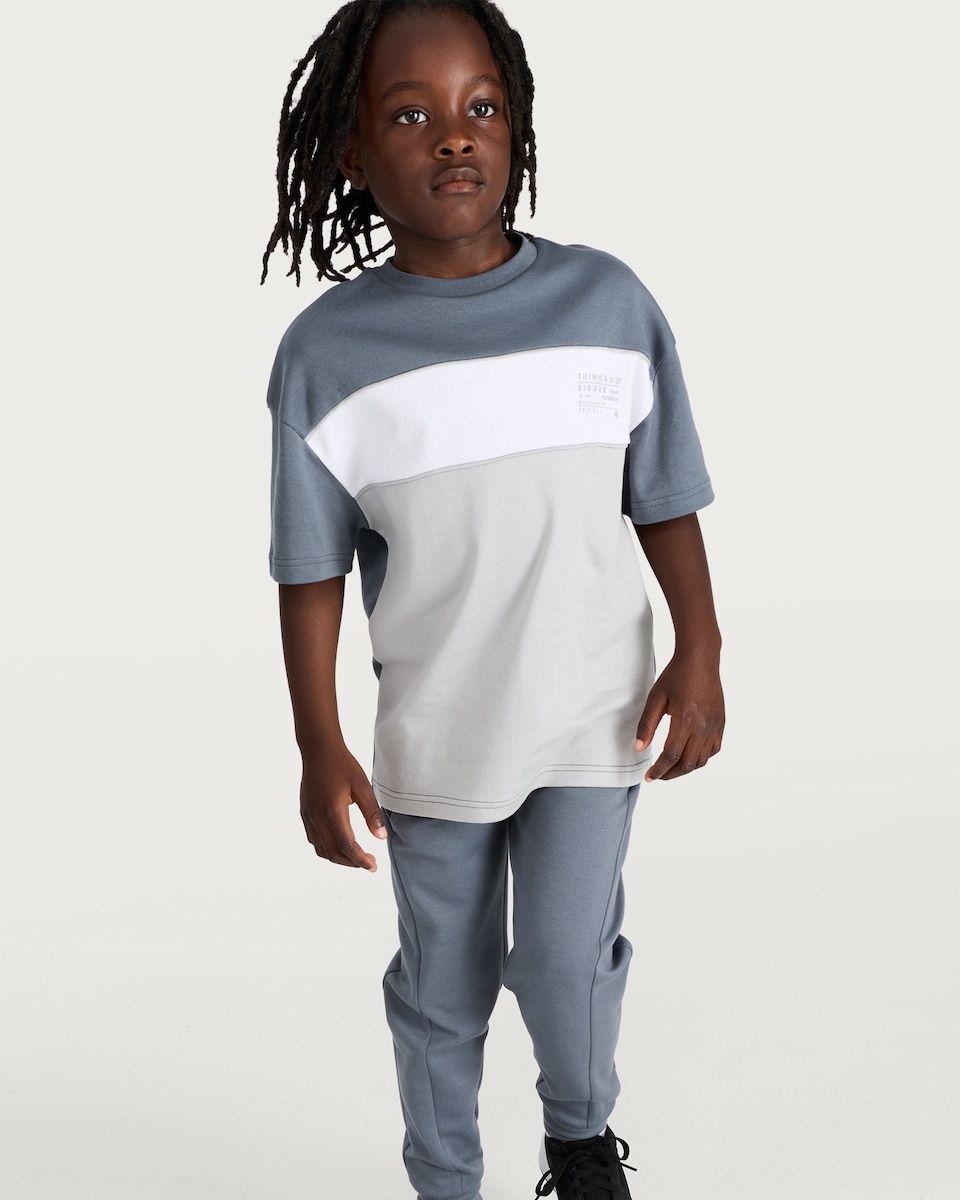 image 1 of F&F Boys Pure Cotton Colour Block Slogan T-Shirt in Grey