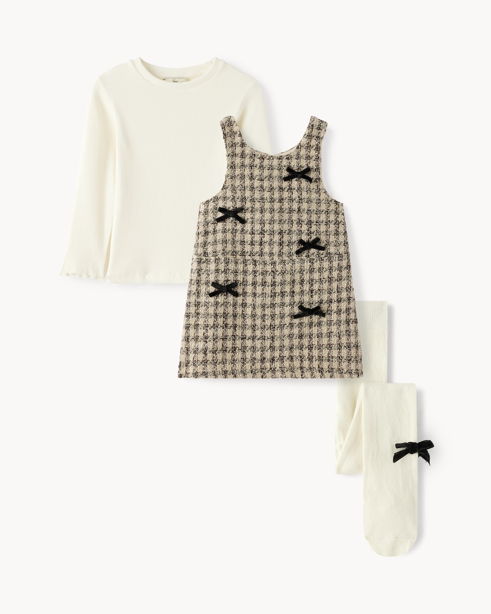 image 1 of F&F Girls Check Pinafore, Top and Tights Set in Multi