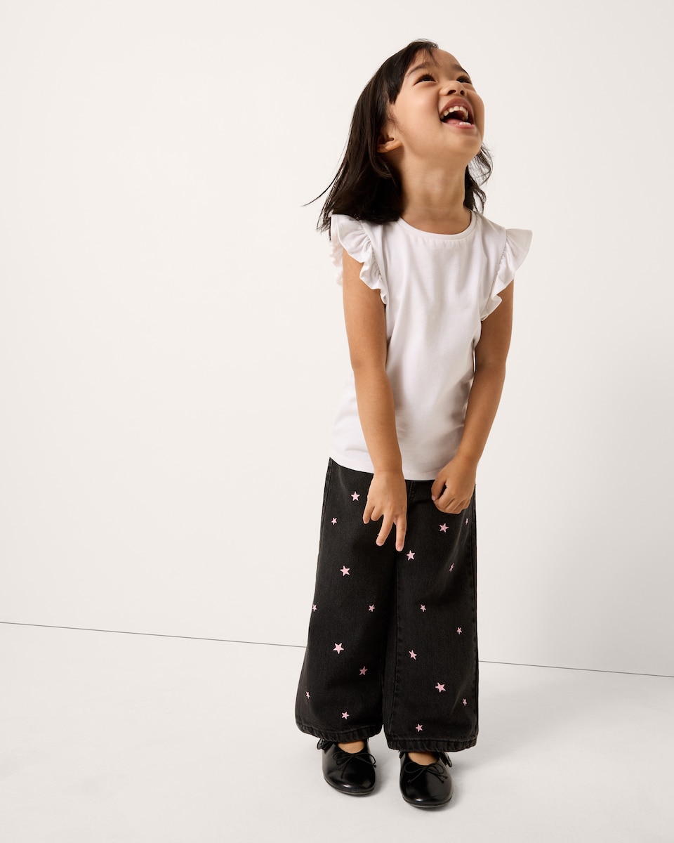 image 1 of F&F Girls Pure Cotton Star Embroidered Wide Leg Jeans in Black