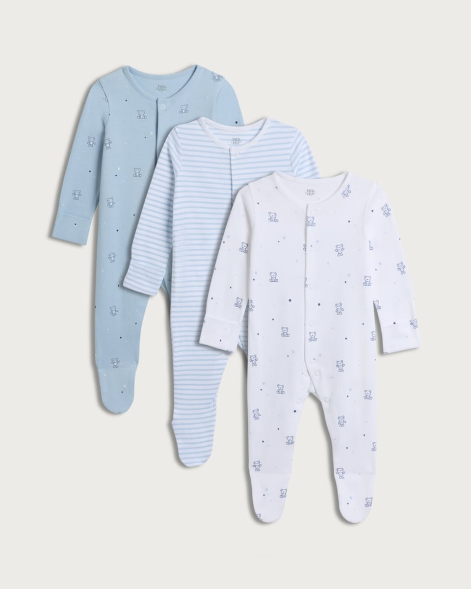 F&F Baby 3-Pack Pure Cotton Bear Print Long Sleeved Sleepsuits in Blue