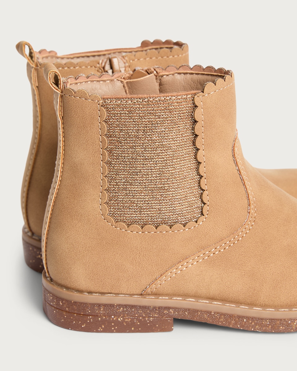 image 1 of F&F Girls Scallop Trim Ankle Boots in Tan