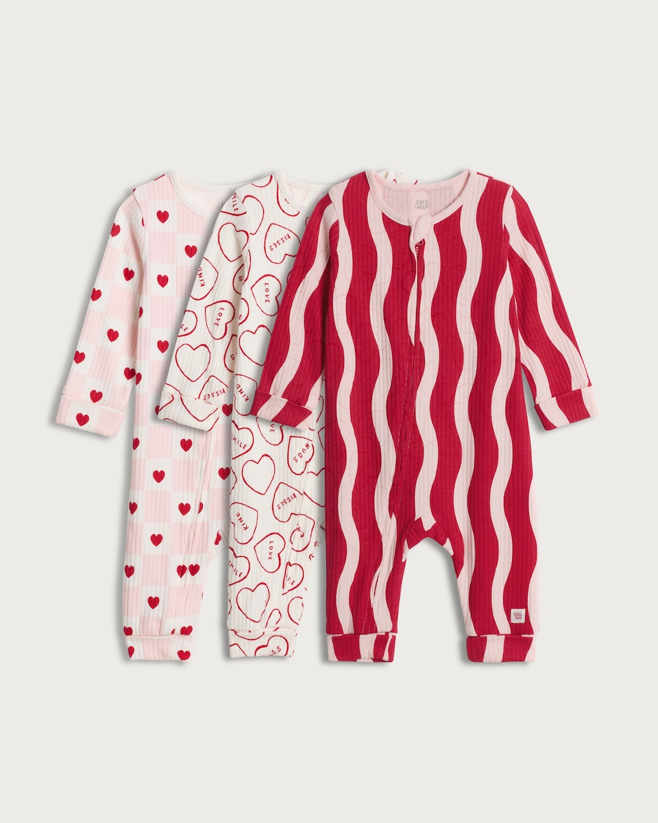 image 1 of F&F Baby 3-Pack Cotton Rich Ribbed Heart and Wave Print Sleepsuits in Red