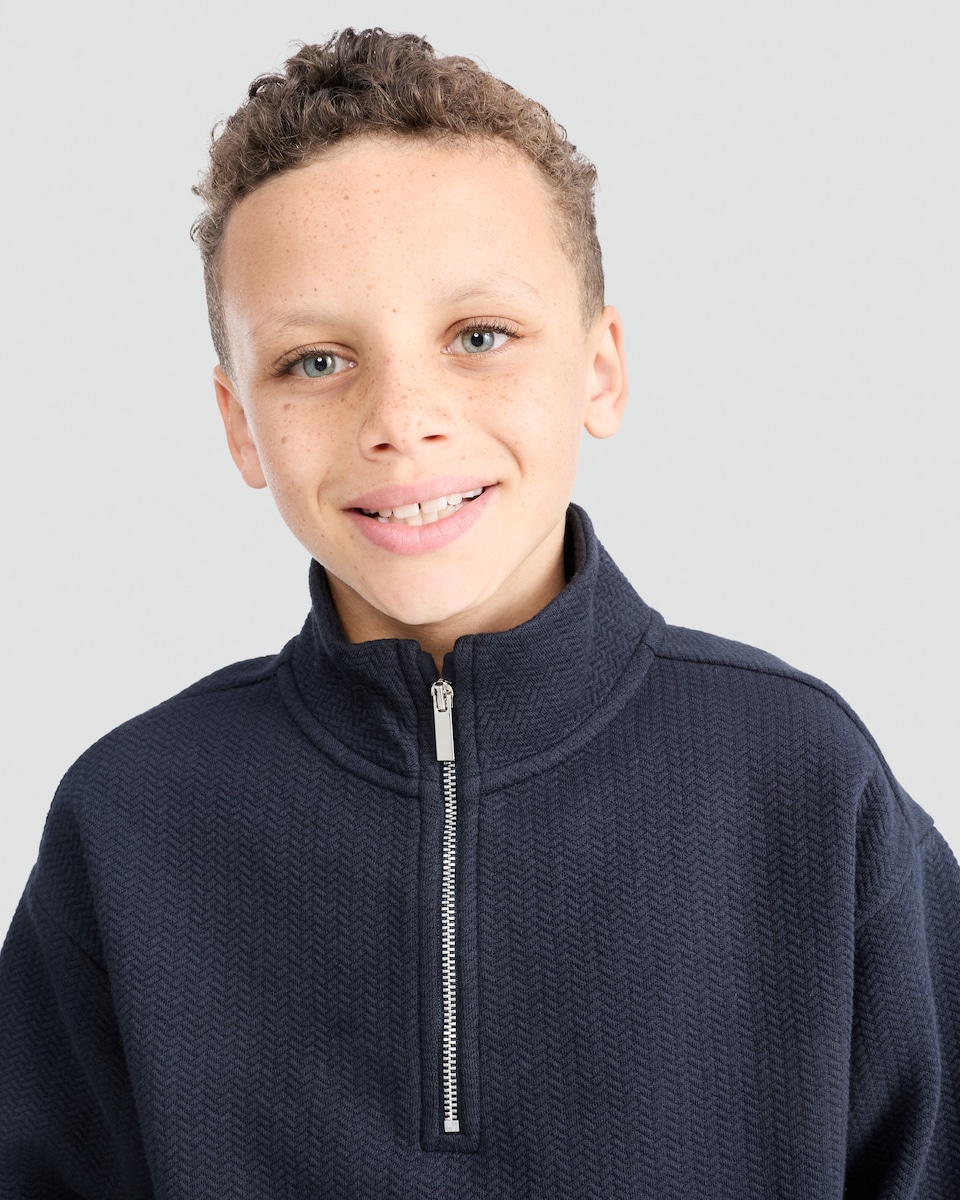 image 1 of F&F Boys Cotton Blend Textured Half Zip Sweatshirt in Navy