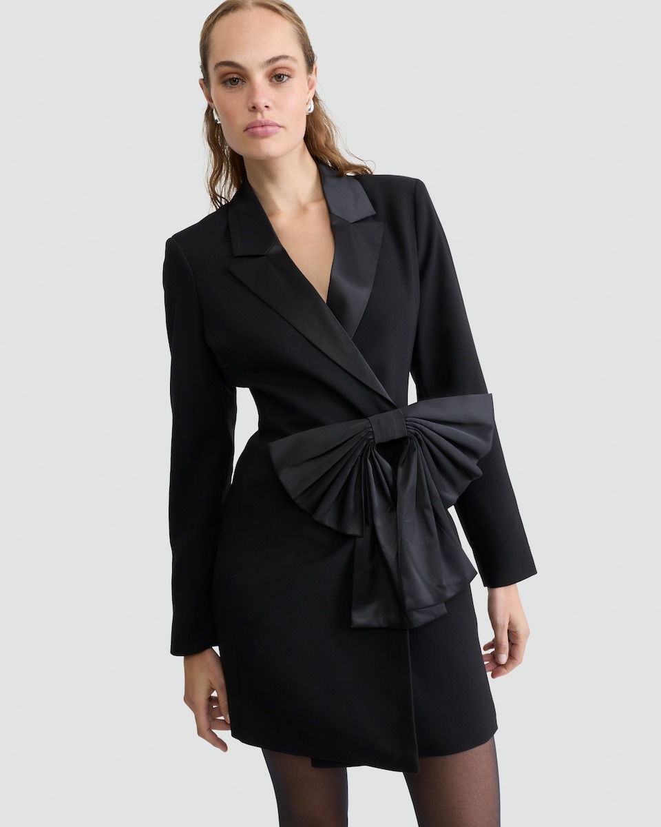 image 1 of The F&F Edit Satin Bow Detail Mini Blazer Dress in Black