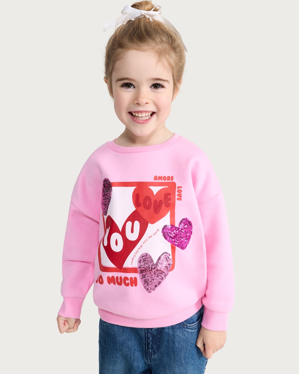 image 1 of F&F Girls Cotton Rich Love Sequin Sweatshirt in Pink