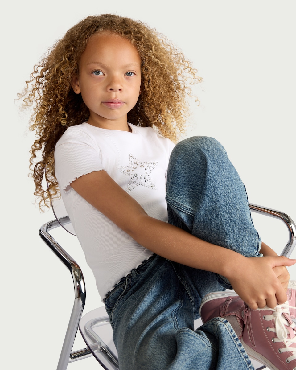 image 1 of F&F Girls Cotton Rich Star Embellished T-Shirt in White