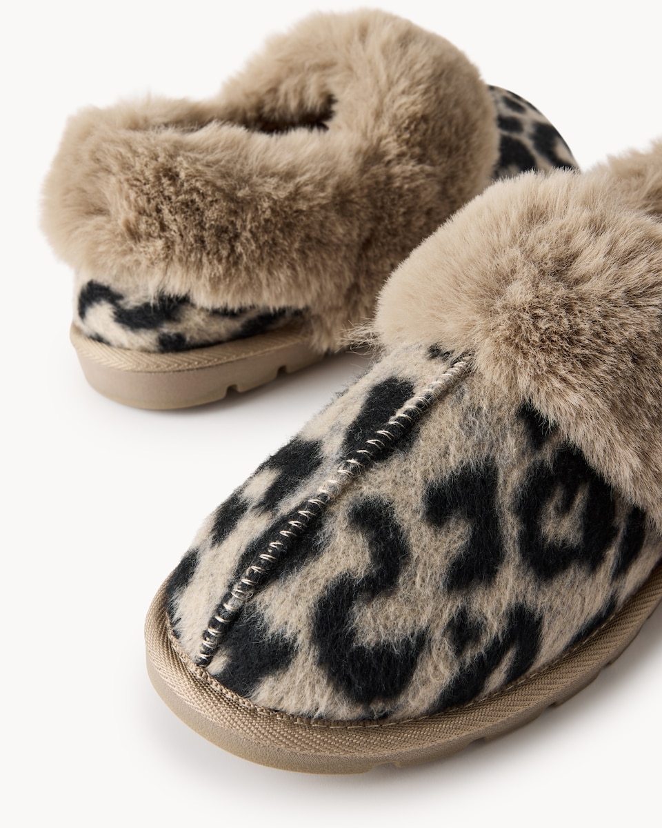 image 1 of F&F Faux Fur Leopard Print Slippers in Neutral