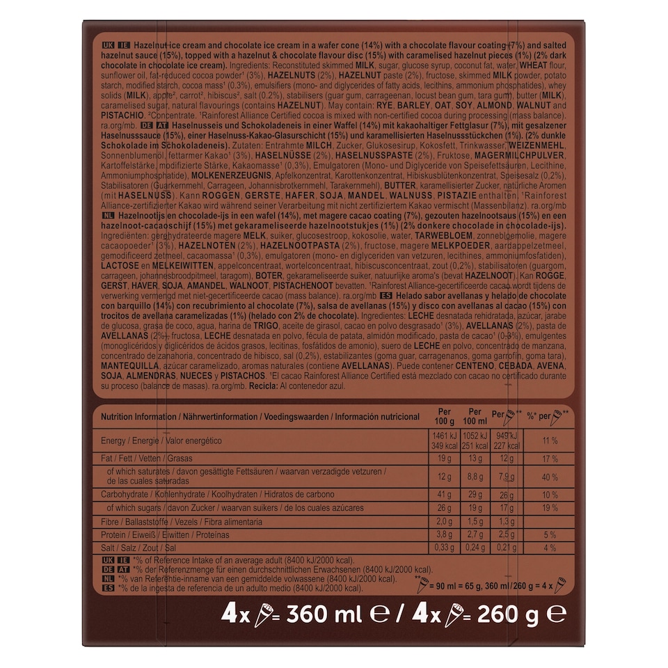 image 1 of Cornetto MAX Hazelnut & Chocolate Ice Cream Cones 4 x 90ml