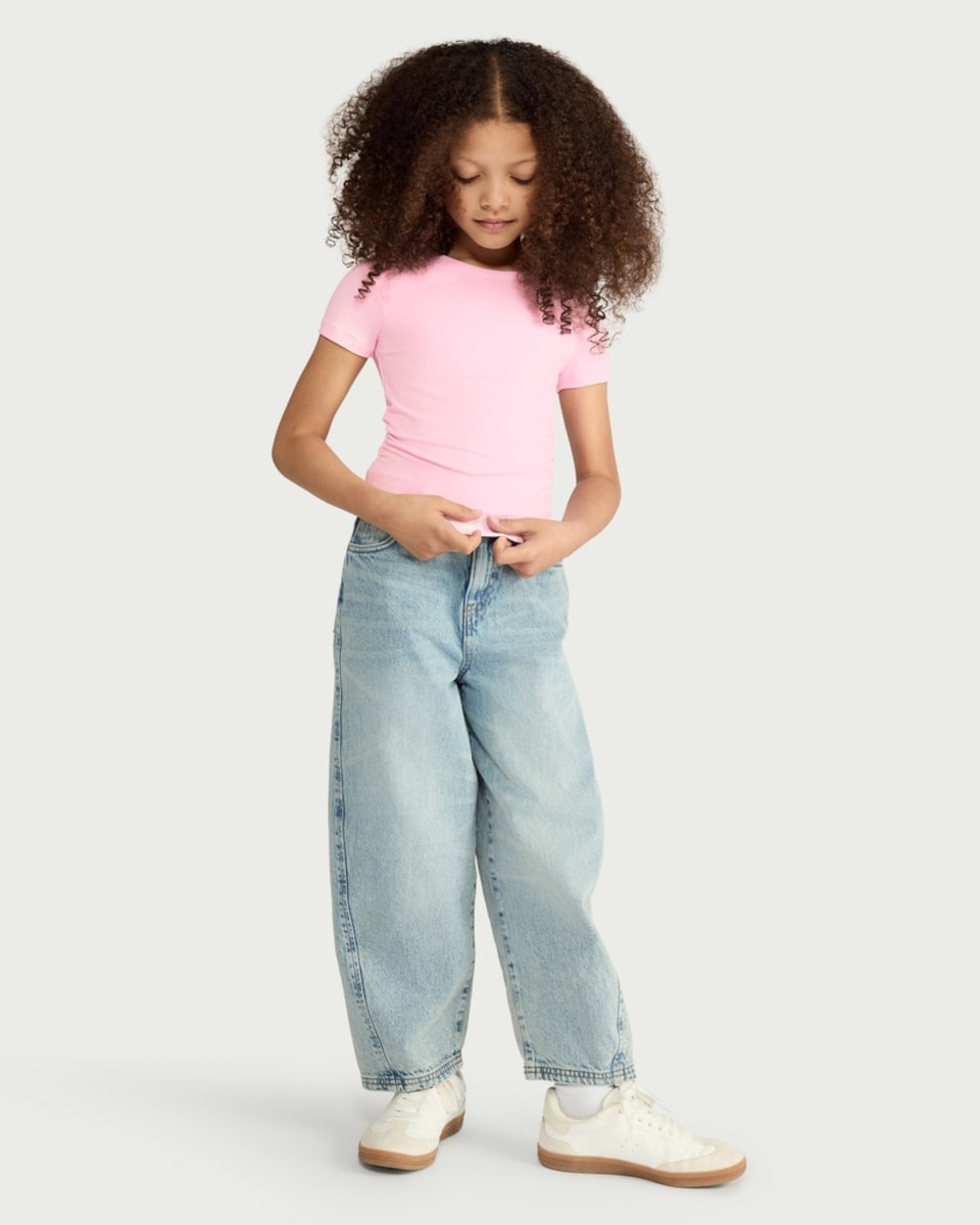 image 1 of F&F Girls Polyamide Ruched Side Short Sleeved Top in Pink