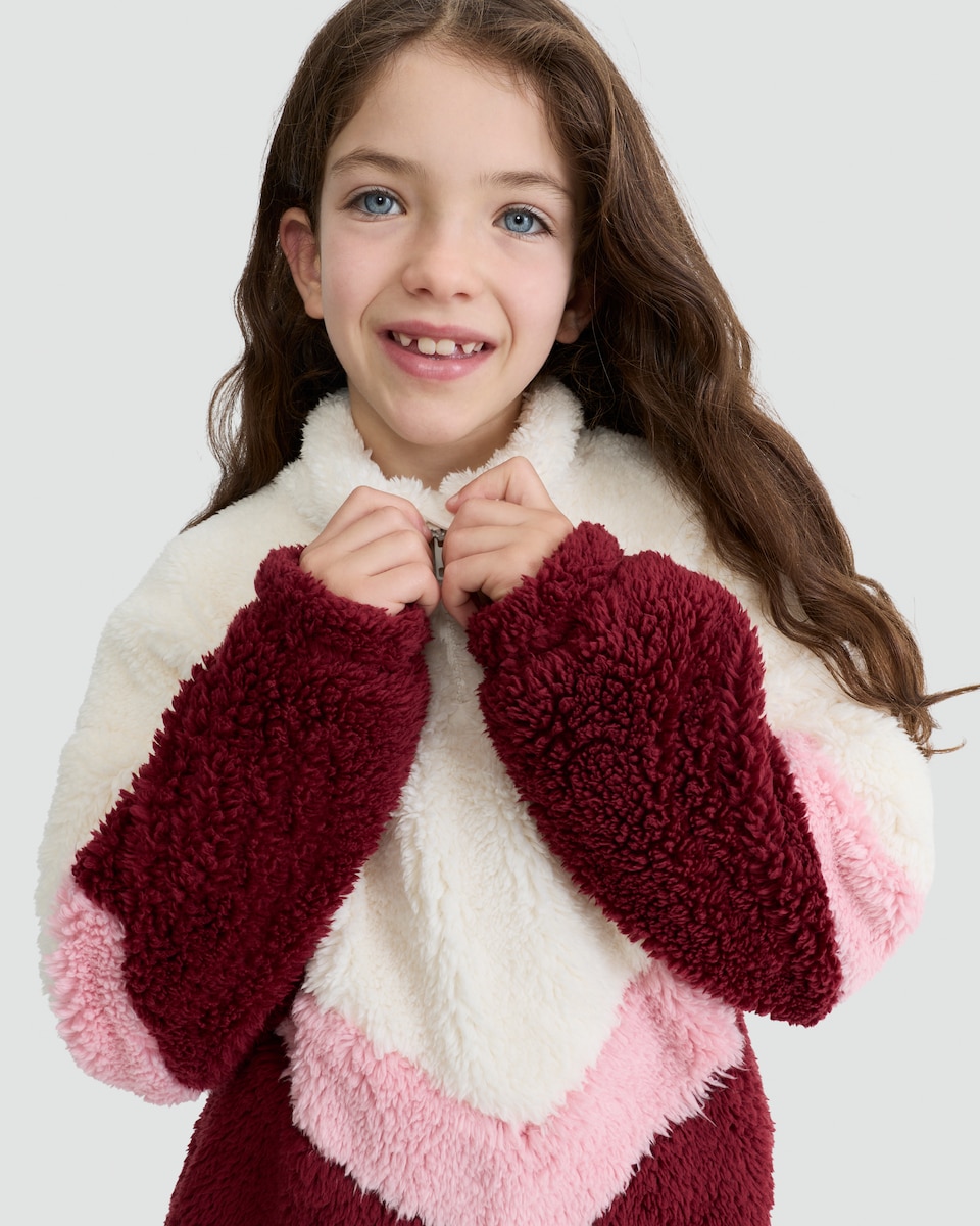 image 1 of F&F Girls Borg Chevron Half Zip Jumper in Burgundy
