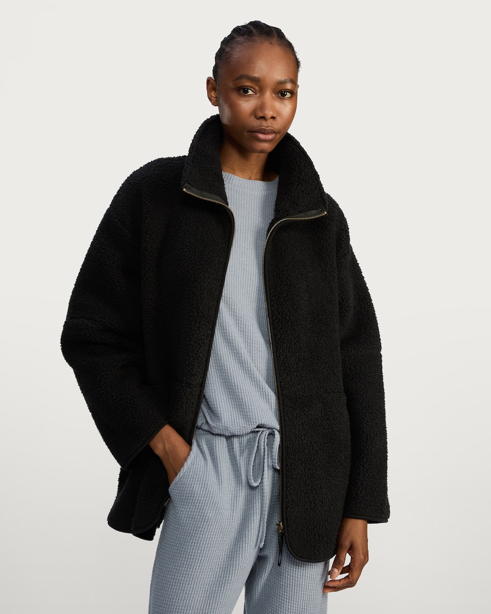 image 1 of F&F Fleece Zip Up Pyjama Jacket in Black