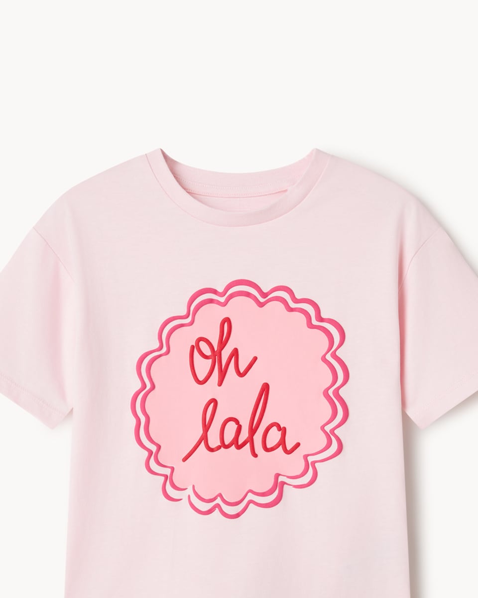 image 1 of F&F Girls 2-Piece Oh Lala T-Shirt and Trousers Set in Multi Pink