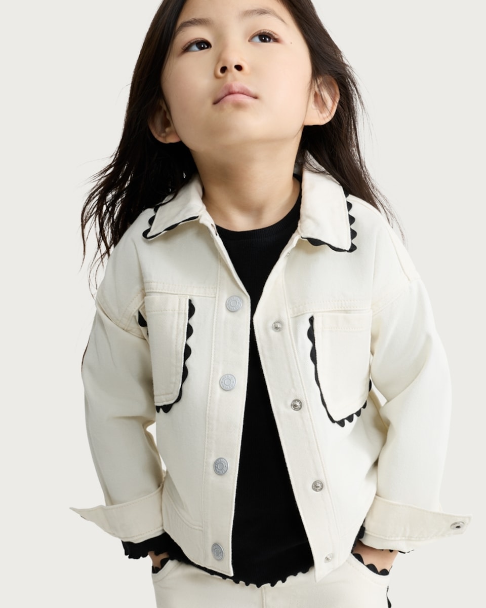 image 1 of F&F Girls Pure Cotton Scallop Trim Jacket in Cream