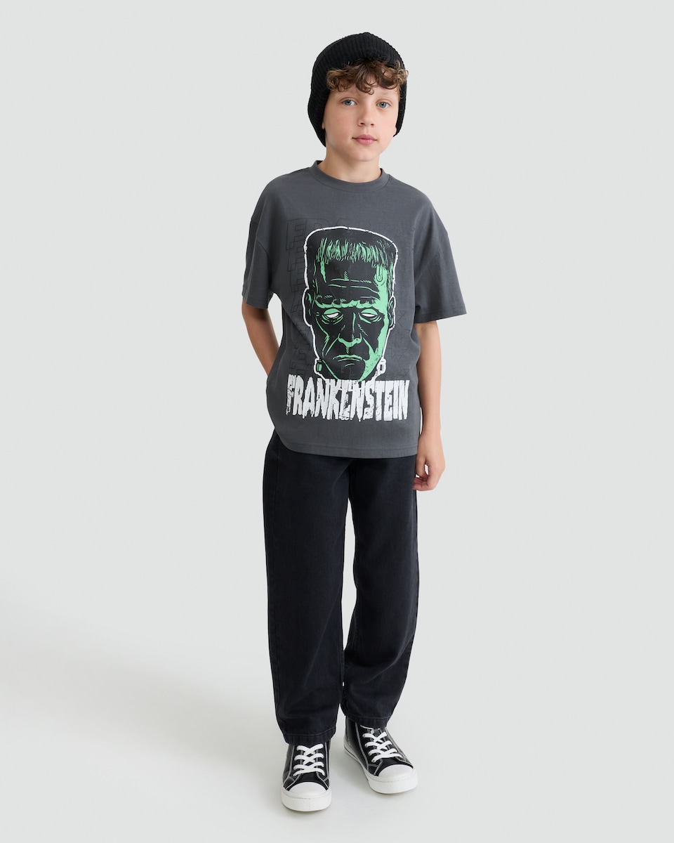 image 1 of Frankenstein Print Pure Cotton Short Sleeved T-Shirt in Grey