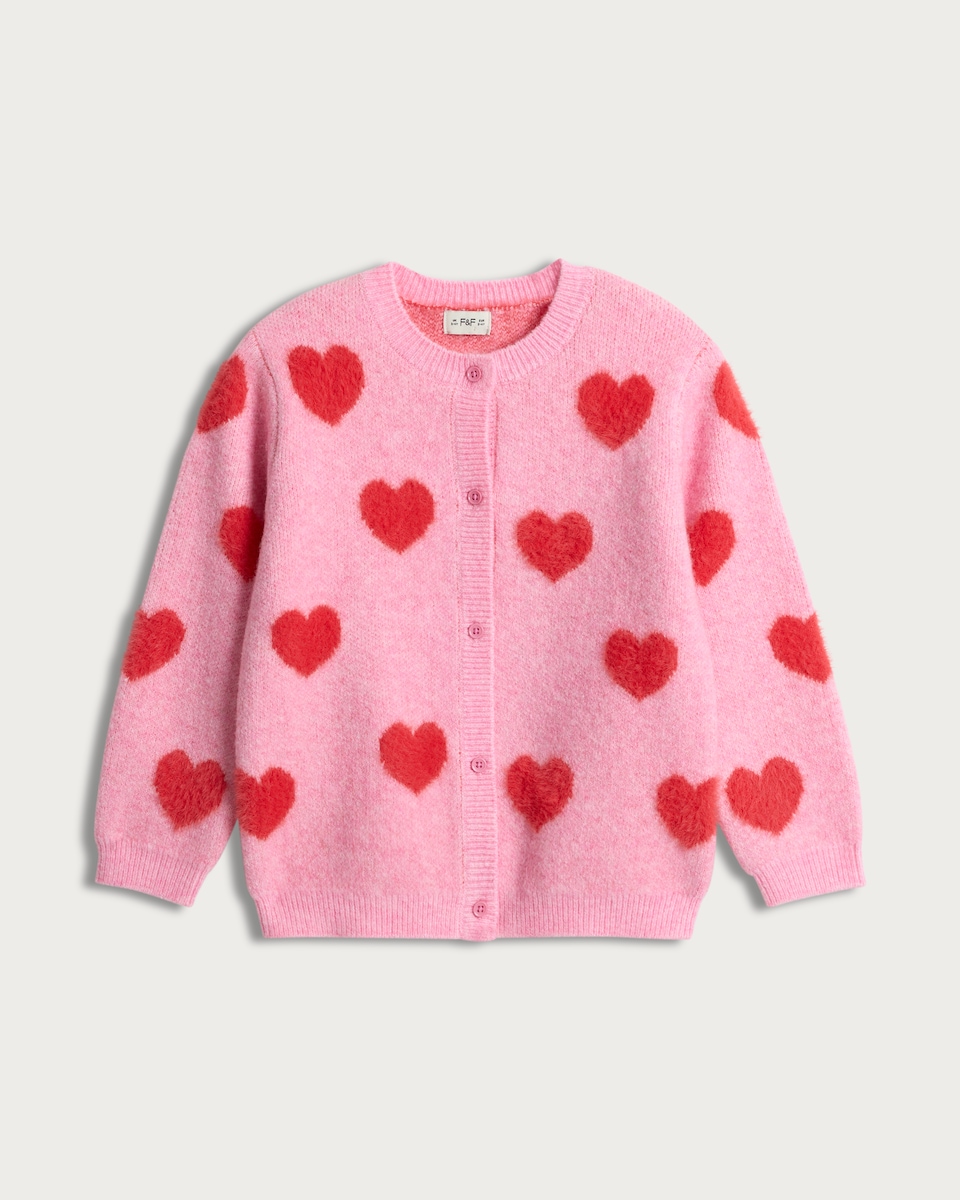 image 1 of F&F Girls Textured Heart Pattern Cardigan in Pink