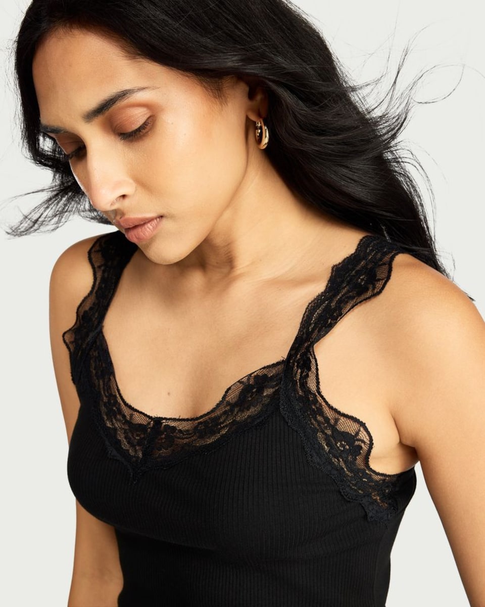 image 1 of F&F Cotton Rich Lace Trim Vest in Black