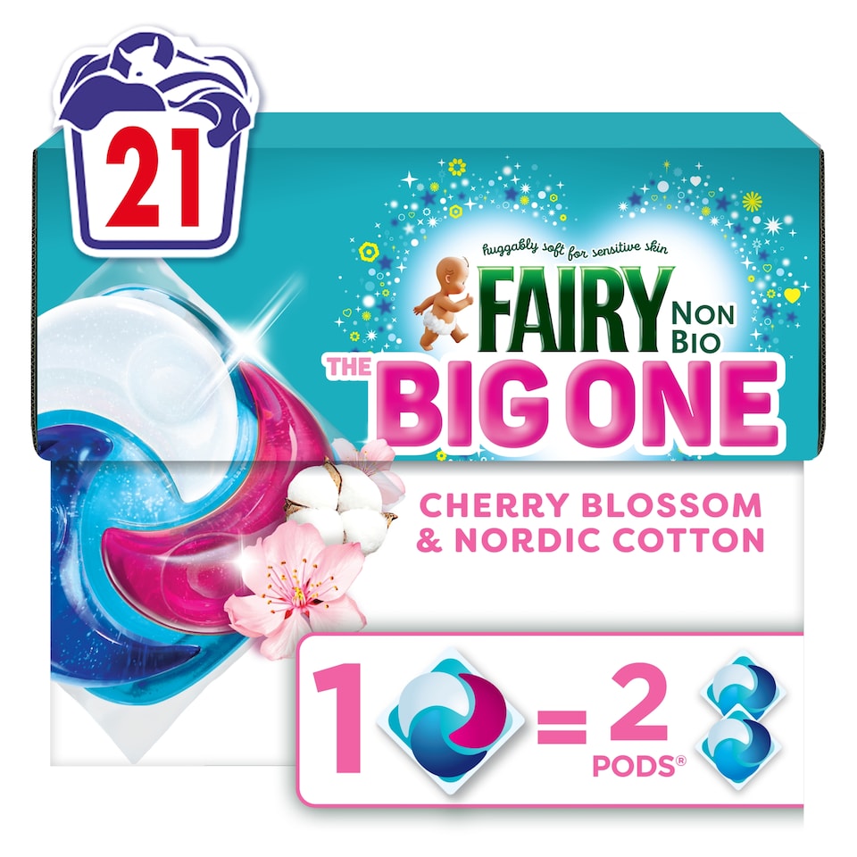 image 1 of Fairy Non Bio The Big One Cherry Blossom & Nordic Cotton Washing Liquid Pods 21 Washes 833.7g
