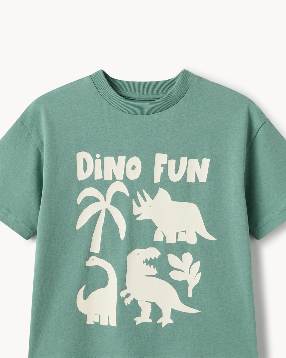 image 1 of F&F Boys Pure Cotton Dinosaur T-Shirt in Teal
