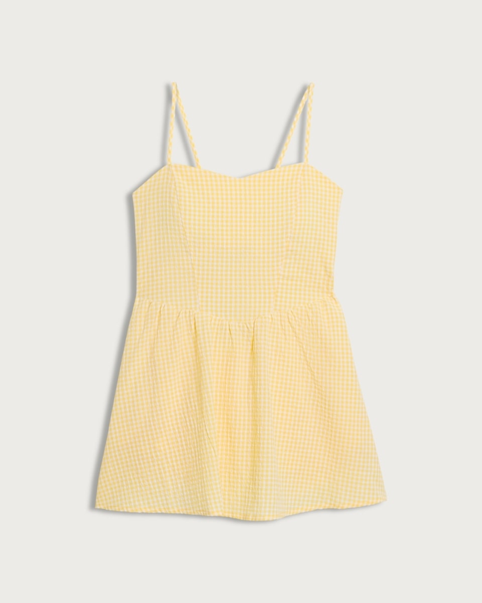image 1 of OH ME OH MY Cotton Rich Gingham Strappy Mini Dress in Yellow