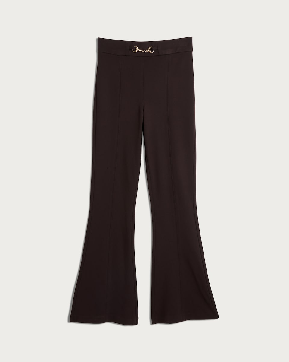 image 1 of F&F Flared Gold Chain Buckle Trousers in Chocolate