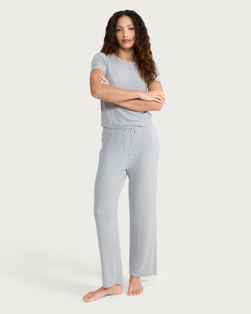 image 1 of F&F CoolEase™ Ribbed Wide Leg Drawstring Pyjama Bottoms in Grey