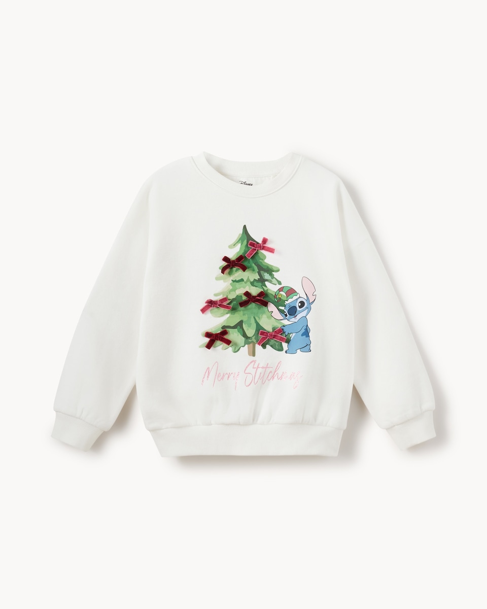 image 1 of Disney Stitch Cotton Rich Christmas Print Sweatshirt in Cream