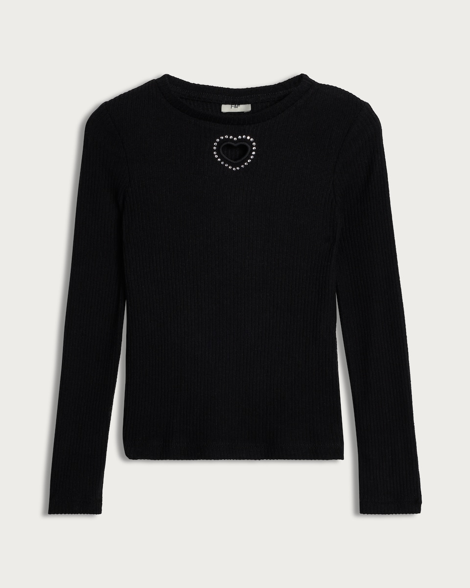 F&F Girls Embellished Heart Long Sleeved Top in Black
