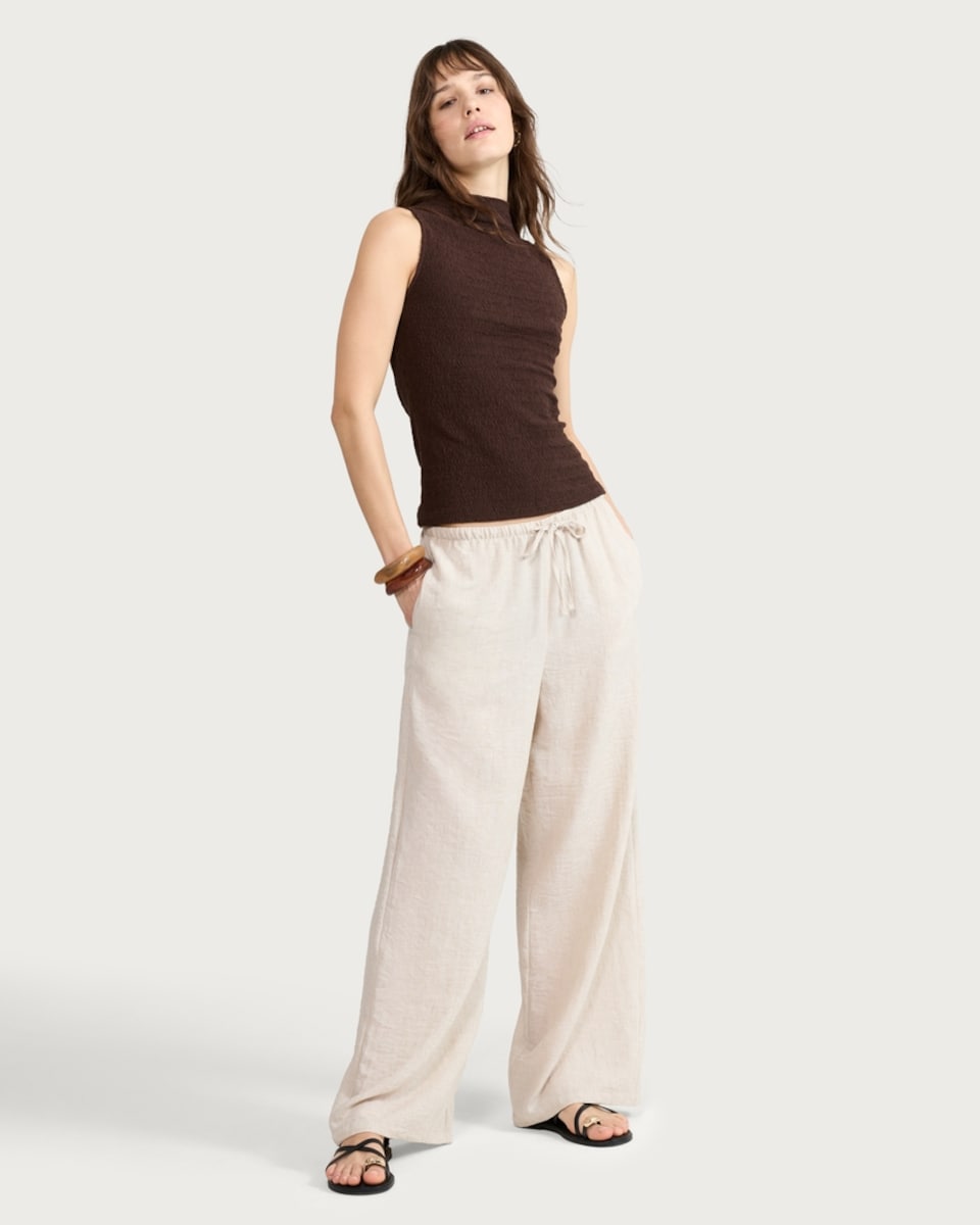 image 1 of F&F Cotton Rich Crinkle Textured High Neck Sleeveless Top in Chocolate