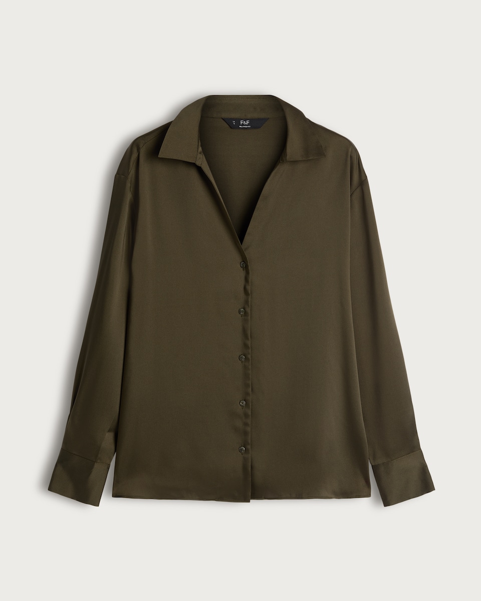 image 1 of F&F Satin Button Up Shirt in Khaki