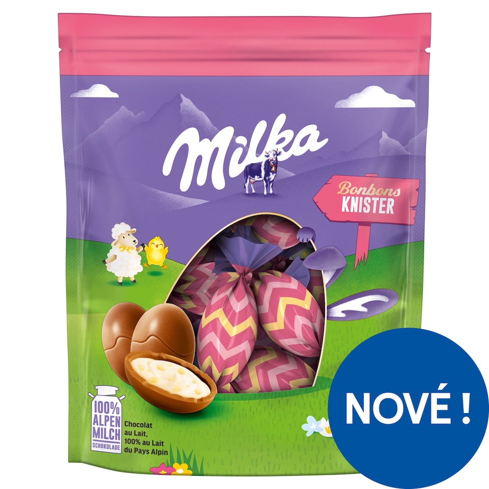 Milka vajíčka, mléčná čokoláda s mléčnym krémem a práskacími kuličkami 86g