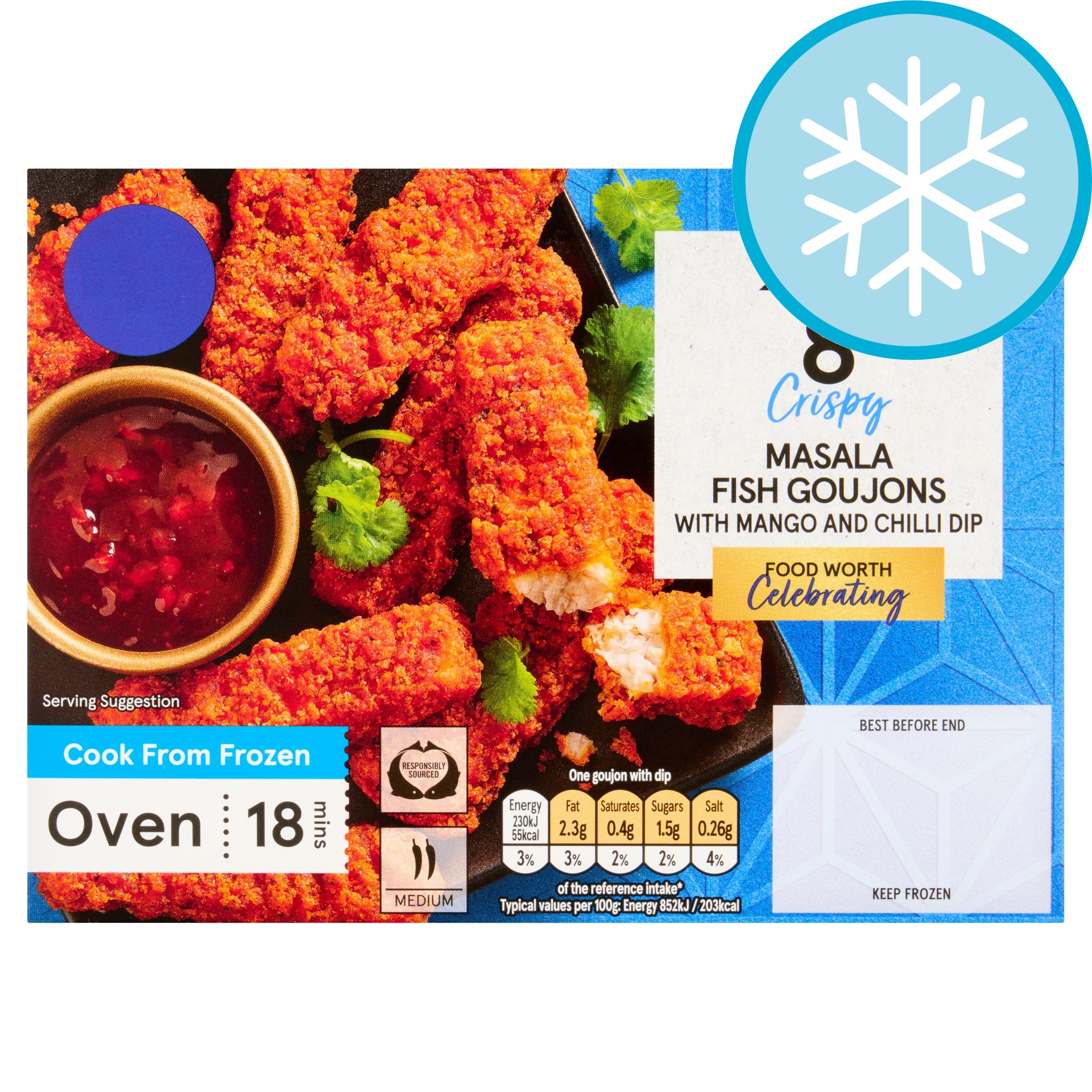 Tesco 8 Masala Fish Goujons with a Mango and Chilli Dip 240G