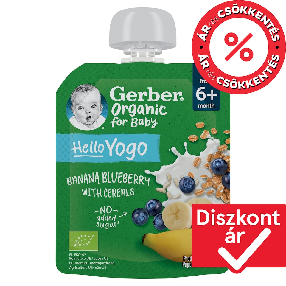 Gerber bio banán-áfonya gyümölcspüré fermentált tejkészítménnyel és gabonával, 6 hónapos kortól 80 g 1. kép