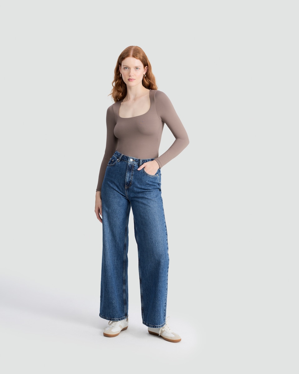 image 1 of F&F Polyamide Square Neck Long Sleeved Bodysuit in Tan