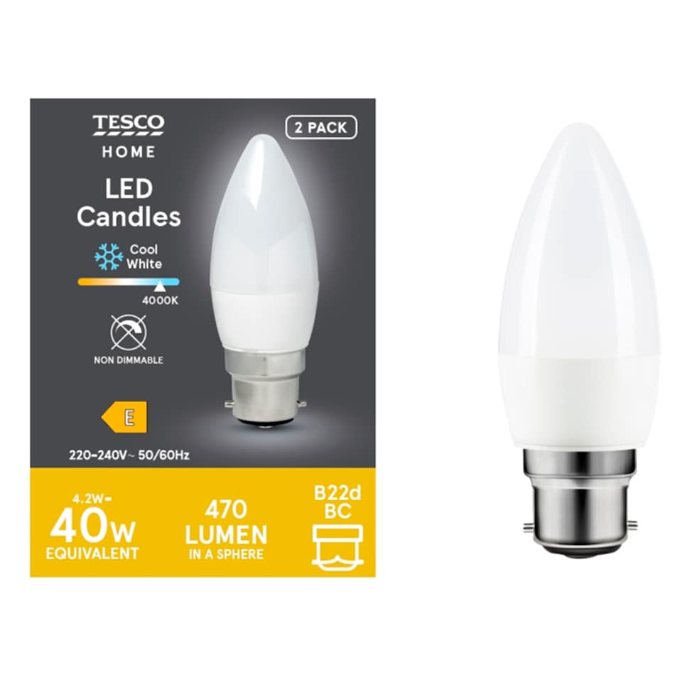 Tesco LED Candle 25W BC Cool White 2 Pack